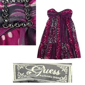 00's GUESS Dress Purple Black Polka Dot, Tie at Back, Strapless, Size 9